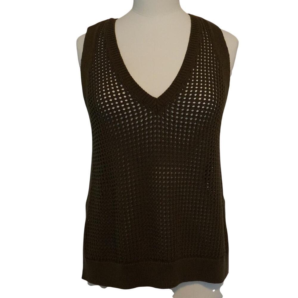 ANTHROPOLOGIE x MAEVE Open Stitch V-Neck Sweater Vest Tank Olive Green 037